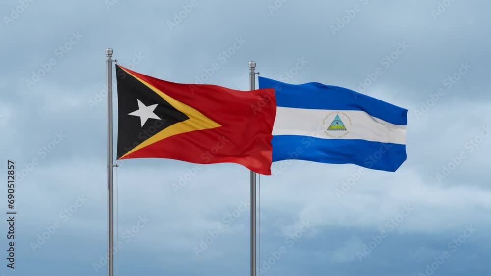 Nicaragua flag and Timor flag waving together on cloudy sky, endless seamless loop, two country relations concept Nicaragua flag and Timor flag waving together on cloudy sky, endless seamless loop, two country relations concept