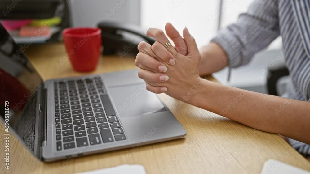 Hispanic woman boss intensely working on her business success, hands of adult manager typing on laptop at office desk, sipping coffee indoors, online professional successfully doing her job Hispanic woman boss intensely working on her business success, hands of adult manager typing on laptop at office desk, sipping coffee indoors, online professional successfully doing her job