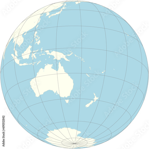 The Coral Sea Islands are positioned at the center of the orthographic projection of the global map. An Australian offshore territory comprised of a collection of tiny, tropical islands.