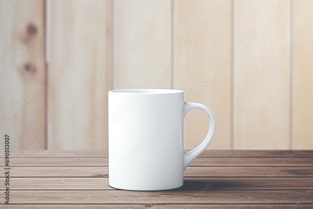 white mug mockup on wooden background. Two white empty tea cups on a brown wooden table