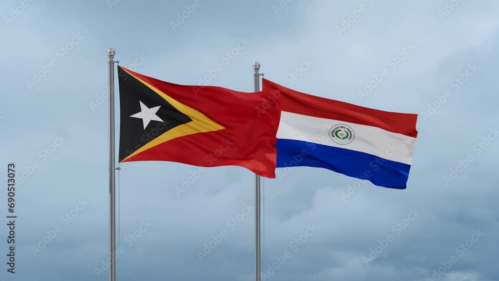 Paraguay flag and Timor flag waving together on cloudy sky, endless seamless loop, two country relations concept Paraguay flag and Timor flag waving together on cloudy sky, endless seamless loop, two country relations concept