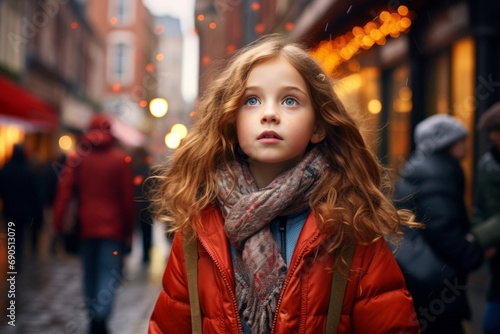 Portrait of a cute little girl on the street of the city.