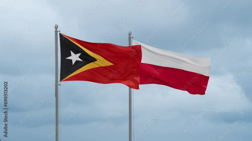 Poland and Timor flag waving together on cloudy sky, endless seamless loop, two country cooperation concept Poland and Timor flag waving together on cloudy sky, endless seamless loop, two country cooperation concept