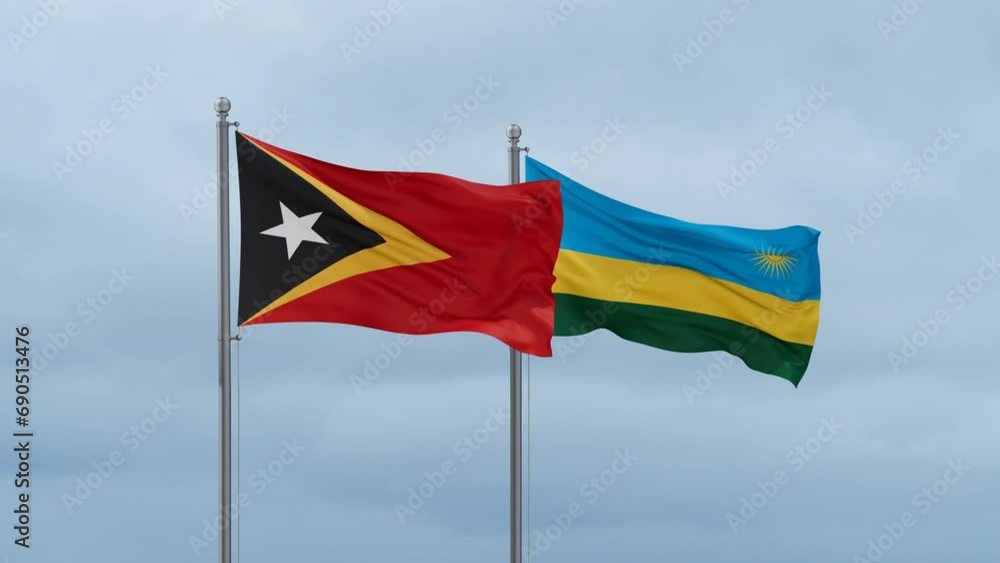 Republic of Rwanda and Timor flag waving together on cloudy sky, endless seamless loop, two country cooperation concept Republic of Rwanda and Timor flag waving together on cloudy sky, endless seamless loop, two country cooperation concept