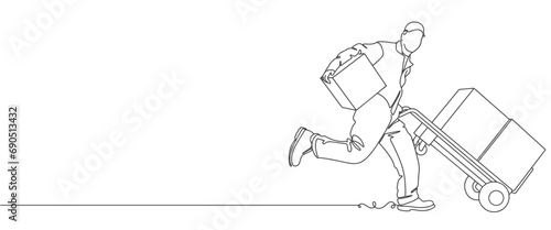 line art drawing of person delivery man while carrying carton box package with trolley to customer. Delivery service concept. Continuous line art design vector illustration