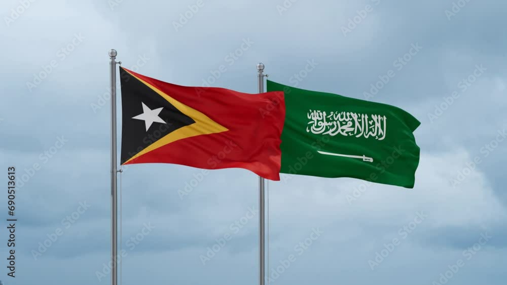 Timor and Saudi Arabia flags waving together on cloudy sky, endless seamless loop Timor and Saudi Arabia flags waving together on cloudy sky, endless seamless loop