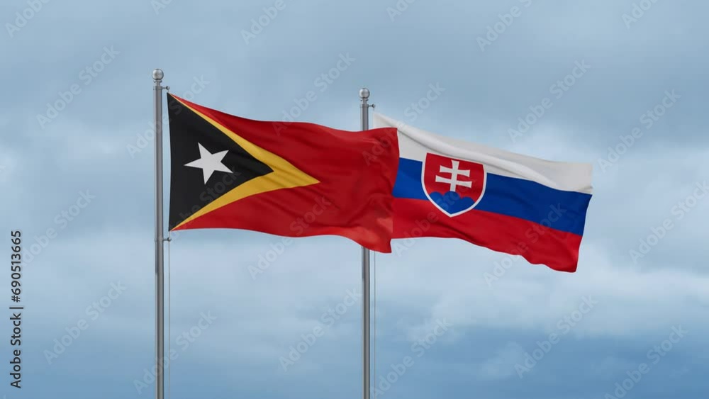 Slovak Republic or Slovakia and Timor flag waving together on cloudy sky, endless seamless loop, two country cooperation concept Slovak Republic or Slovakia and Timor flag waving together on cloudy sky, endless seamless loop, two country cooperation concept