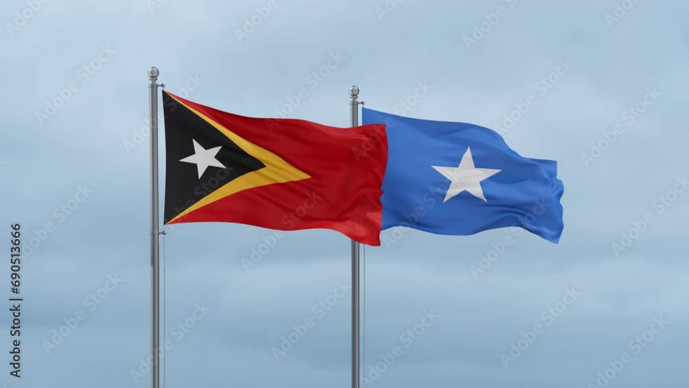 Somalia and Timor flag waving together on cloudy sky, endless seamless loop, two country cooperation concept Somalia and Timor flag waving together on cloudy sky, endless seamless loop, two country cooperation concept