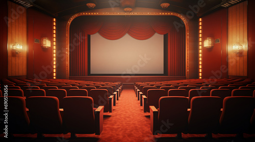 Blank cinema screen with empty seats and projector