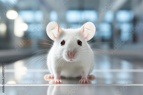Animal testing and healthcare, medicine development, forbidden tests on animals concept. Small white laboratory mouse with dark eyes in on metal lab office looking in camera