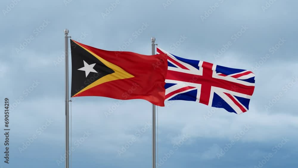 United Kingdom and Timor flag waving together on cloudy sky, endless seamless loop, two country cooperation concept United Kingdom and Timor flag waving together on cloudy sky, endless seamless loop, two country cooperation concept
