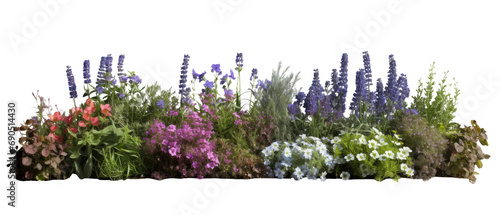 beautiful greenery and shrubbery, with small colorful flowers isolated on transparent background
