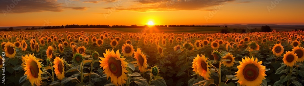 Obraz premium Sunflowers with a backdrop of a setting sun casting golden hues.