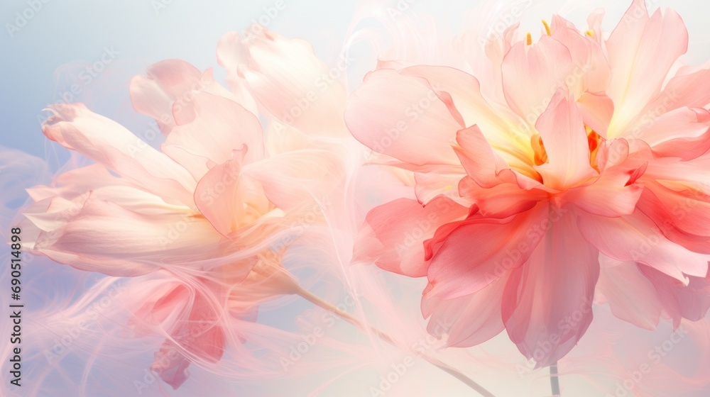 a close up of two pink flowers on a blue and white background with a blurry image in the background. a close up of two pink flowers on a blue and white background with a blurry image in the background.