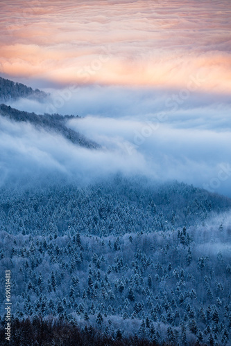 Beautiful winter mountain landscape. Moody sunset seen from the Mount Smerek in the Bieszczady National Park, Poland. photo