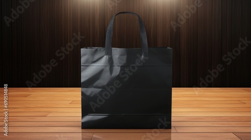  a black shopping bag on a wooden floor with a spotlight shining on the wall in the middle of the room.