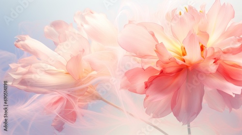  a close up of two pink flowers on a blue and white background with a blurry image in the background.