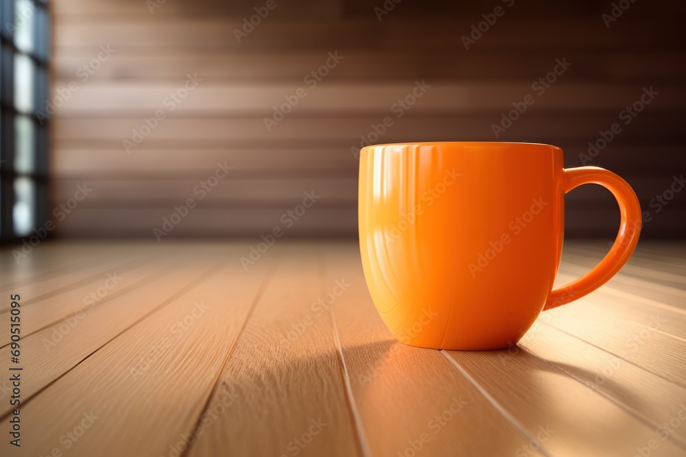 a bright orange coffee cup sits on a wooden floor in front of a window with a window sill in the background. a bright orange coffee cup sits on a wooden floor in front of a window with a window sill in the background.