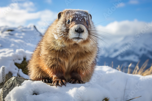 Funny animal marmot outdoors on a winter snowy day