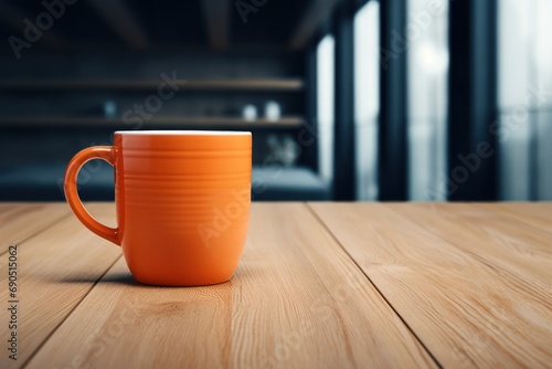  a close up of a cup on a wooden table with a blurry background of a kitchen in the background.