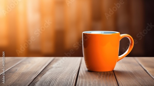  a bright orange coffee cup sits on a wooden table in front of a blurry background of wood planks.