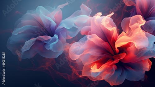  a close up of a flower on a blue and red background with red and pink smoke coming out of it.