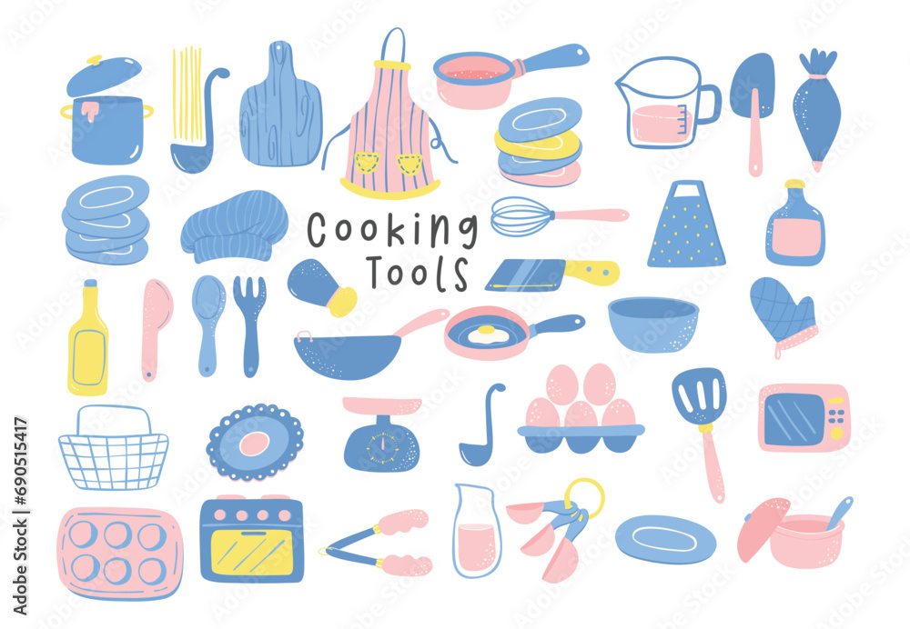 Cute Cooking Equipment illustration set in kawaii flat design hand drawing