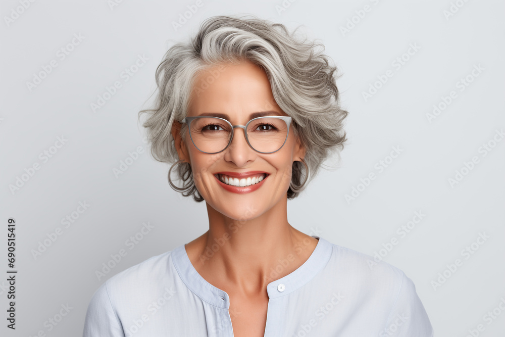 Photo portrait of a handsome 40+ old mature woman smiling with clean teeth. For a dental ad - obrazy, fototapety, plakaty 