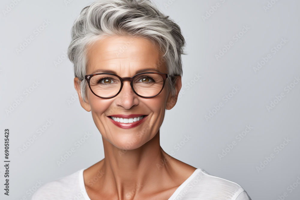 Portrait of a beautiful mature woman over 40 y.o, smiling with clean white teeth. To advertise dentistry or ophthalmology. A woman with glasses and a stylish hairstyle. Isolated on a white background Portrait of a beautiful mature woman over 40 y.o, smiling with clean white teeth. To advertise dentistry or ophthalmology. A woman with glasses and a stylish hairstyle. Isolated on a white background