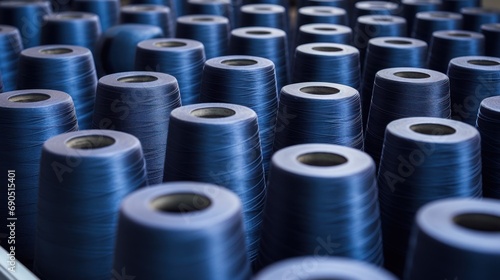  rows of blue spools of thread sitting next to each other on a conveyor belt in a factory.