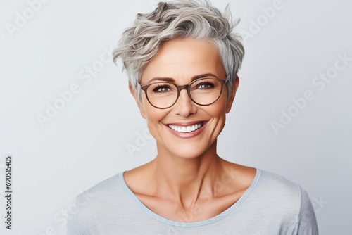 A woman with glasses with a stylish hairstyle, a blue shirt Highlighted on a white background photo