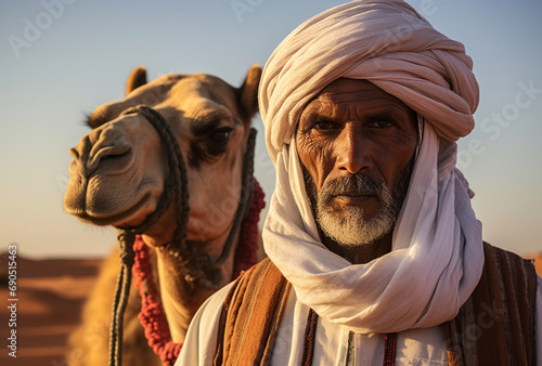 Arab man with his camel in the desert. AI generated Images