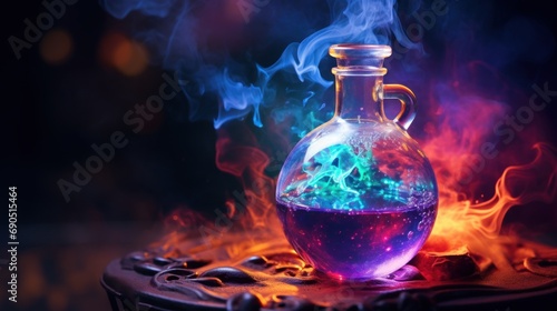  a glass bottle filled with liquid sitting on top of a table covered in fire and blue and red smokes.