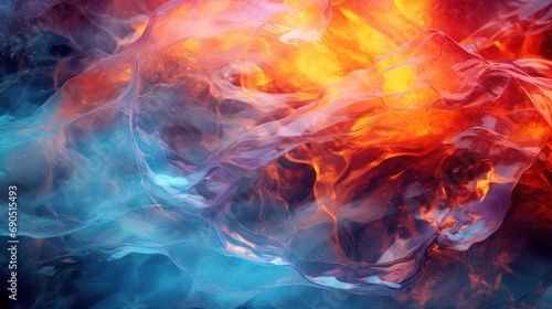  a close up of a red and blue fire and water with smoke coming out of the bottom of the image.