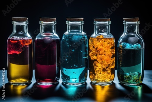  a row of bottles filled with liquid sitting on top of a wooden table next to a bottle filled with liquid.