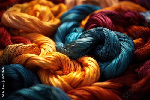  a close up of a skein of yarn in shades of blue, orange, yellow, red, and orange.