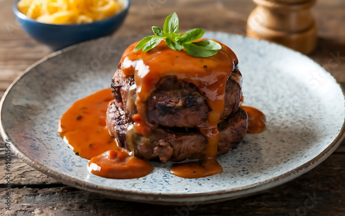 Capture the essence of Salisbury Steak in a mouthwatering food photography shot Generative AI photo