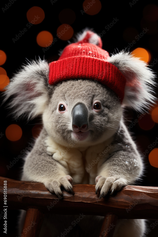 Obraz premium Funny sweet nice Australian koala bear baby in red Christmas Santa Claus hat sitting and smiling. Merry Christmas and a Happy New Year Xmas celebration concept.