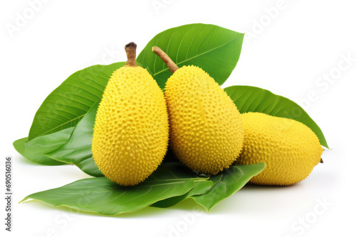 Jackfruit with leaves on white background