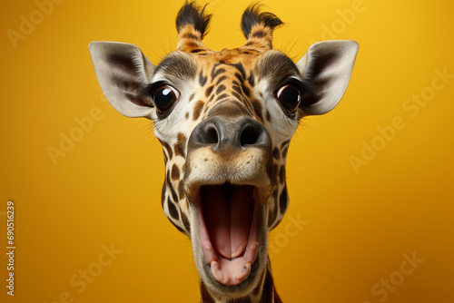 Portrait Banner for Website of surprised amazed giraffe pet with a curious face with open mouth at on yellow studio background. Website banner concept. Advertising postcards, notebooks.