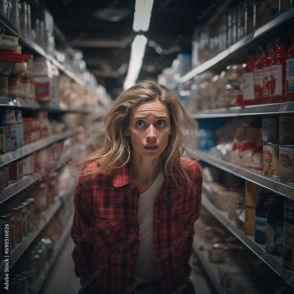 Mujer estresada en el supermercado