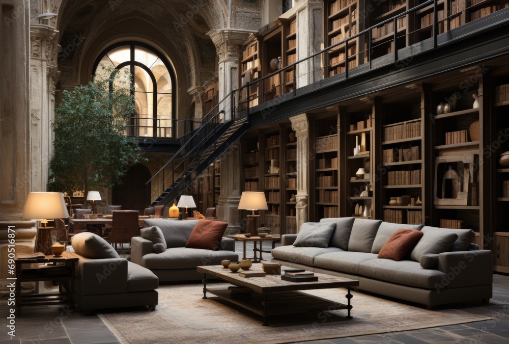 Cozy and Elegant Living Room with High Ceilings and Bookshelves
