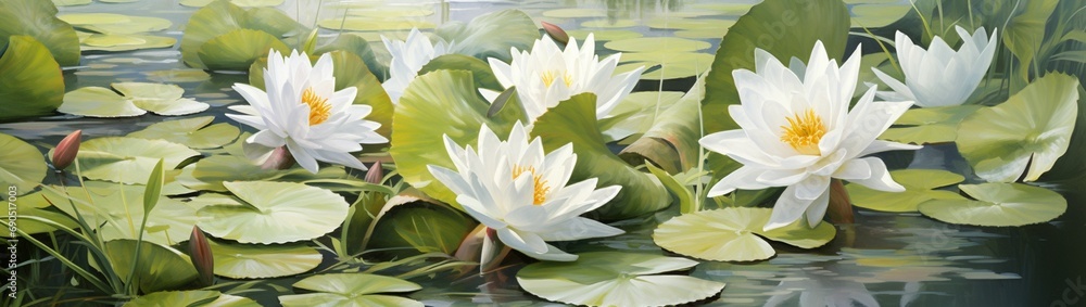White lilies floating serenely on a tranquil pond. White lilies floating serenely on a tranquil pond.