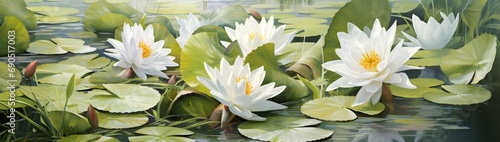 White lilies floating serenely on a tranquil pond.