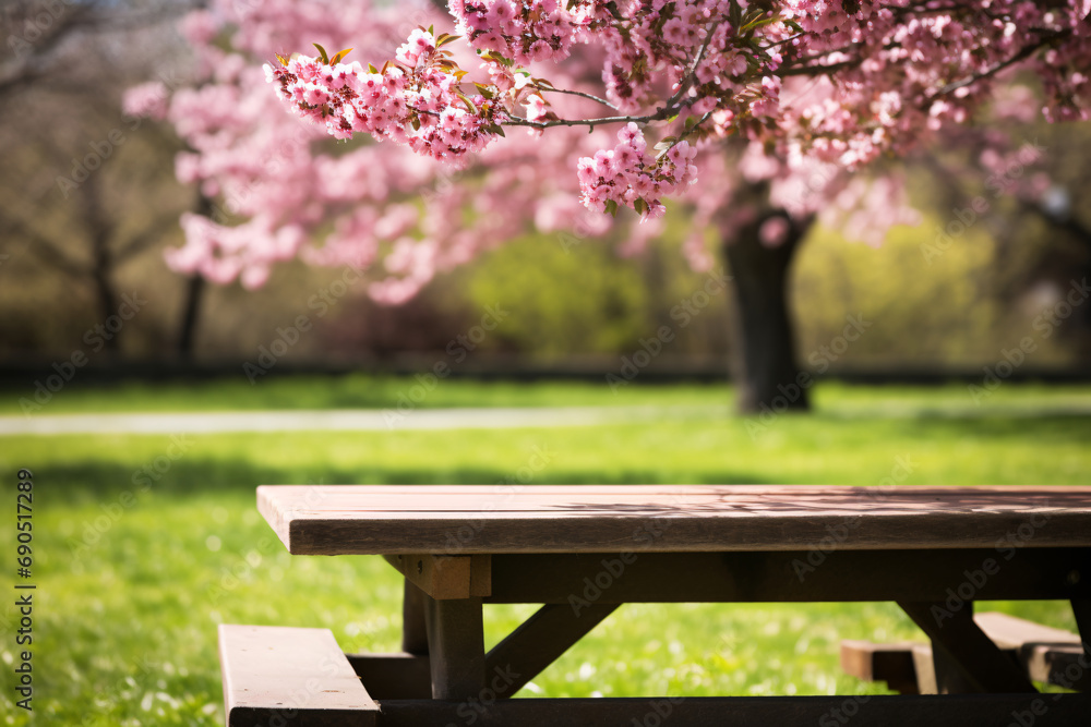 Freshly mowed grass empty picnic table in focus, the interior of a vibrant park with a backdrop of blossoming trees, ready for a lively spring sale promotion... Freshly mowed grass empty picnic table in focus, the interior of a vibrant park with a backdrop of blossoming trees, ready for a lively spring sale promotion...