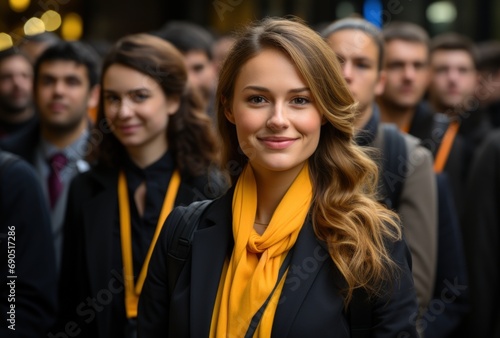 Smiling young woman in black attire with yellow scarf at a business event