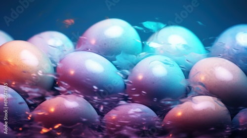  a close up of a bunch of blue and orange eggs with water droplets on them, with a blue background.