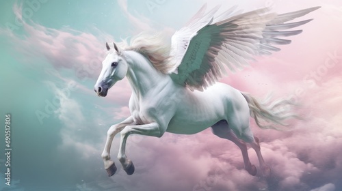  a white horse with wings is flying through the air in a cloud filled sky with a pink and blue background.