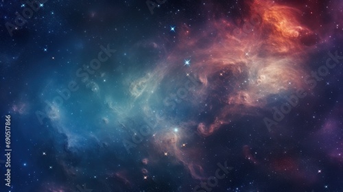  a large cluster of stars in the middle of a space filled with blue, red and yellow stars and a black background.