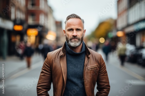 Portrait of a handsome middle-aged man with a beard and mustache, wearing a brown leather jacket, standing in an urban context.